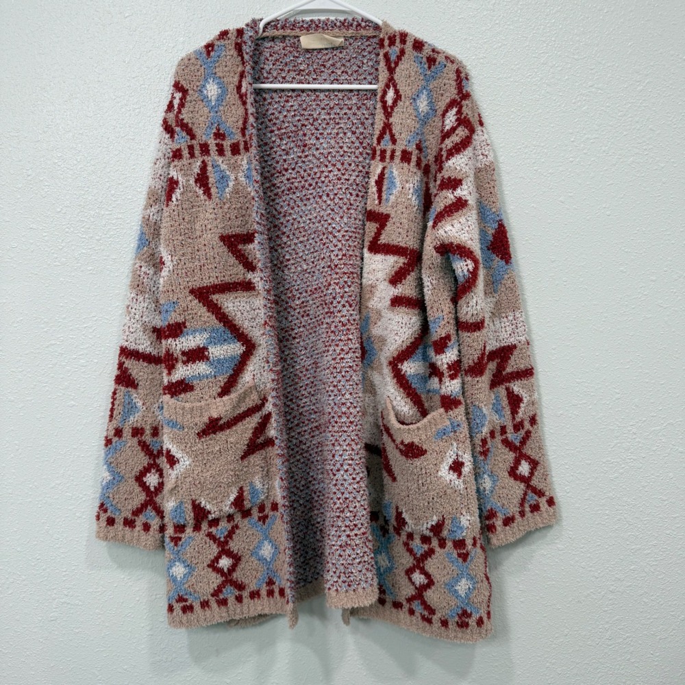 Savanna Jane Southwestern Popcorn Knit Cardigan Large Tan Red Blue Aztec 19383